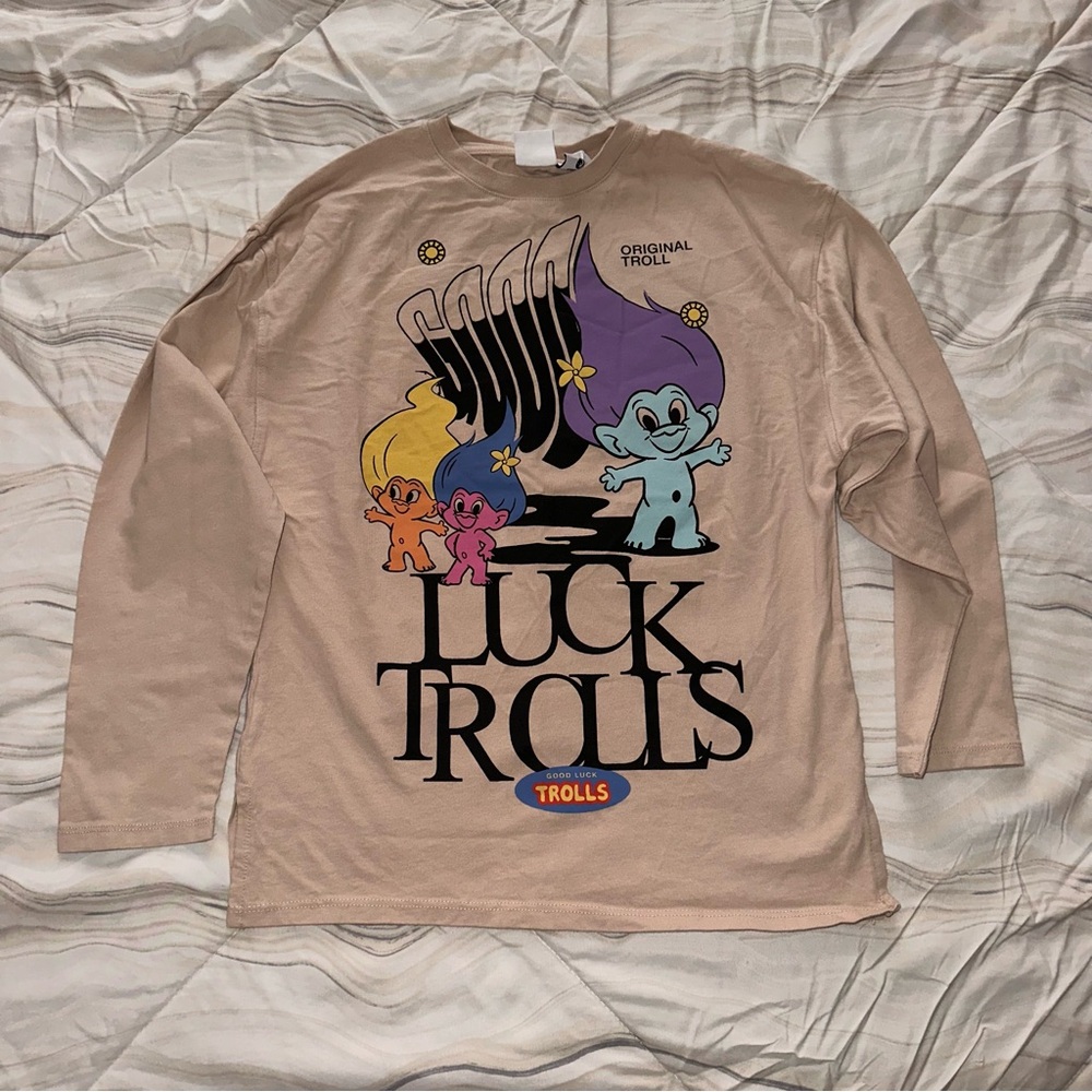 Zara Tan Long Sleeve Tee with Trolls Graphic Designs